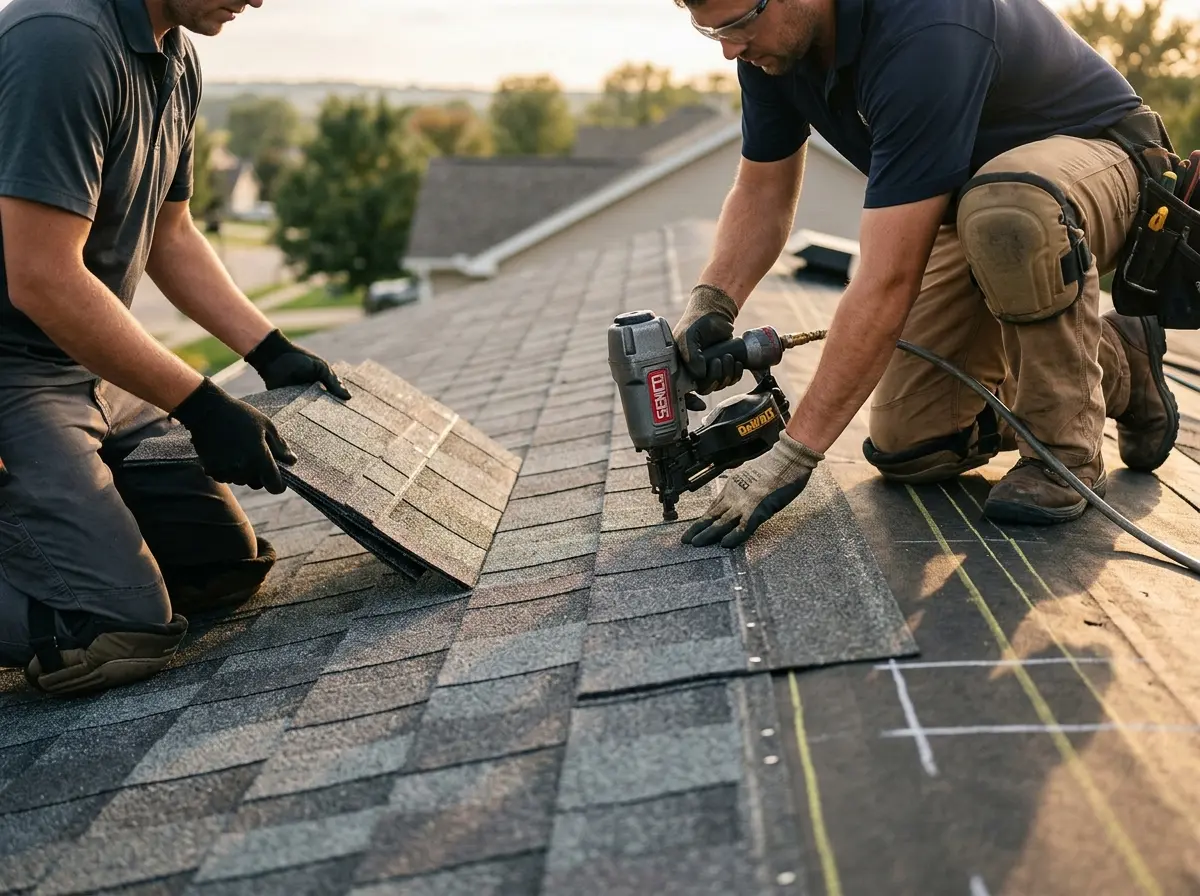 Professional roofer working on a residential roof in Starkville